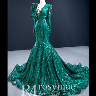 Sparkly Unique Sequins Long Sleeve Mermaid Prom Dress - Rosymae