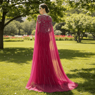 Sparkly Vneck Formal Dress Evening Gown with Cape Sleeve - Rosymae