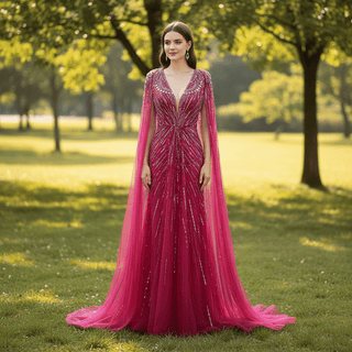 Sparkly Vneck Formal Dress Evening Gown with Cape Sleeve - Rosymae