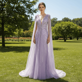 Sparkly Vneck Formal Dress Evening Gown with Cape Sleeve - Rosymae