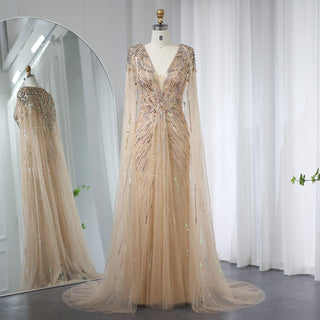 Sparkly Vneck Formal Dress Evening Gown with Cape Sleeve - Rosymae