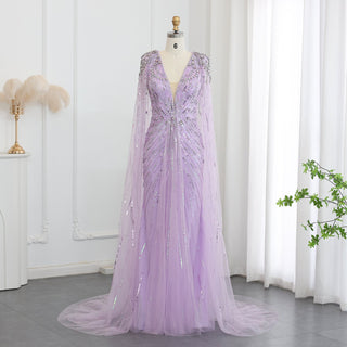 Sparkly Vneck Formal Dress Evening Gown with Cape Sleeve - Rosymae