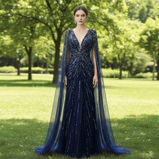 Sparkly Vneck Formal Dress Evening Gown with Cape Sleeve - Rosymae
