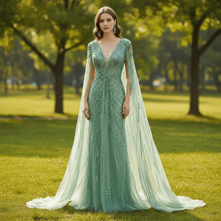 Sparkly Vneck Formal Dress Evening Gown with Cape Sleeve - Rosymae
