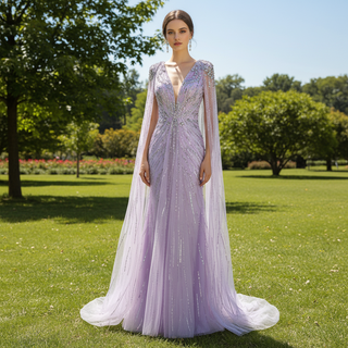 Sparkly Vneck Formal Dress Evening Gown with Cape Sleeve