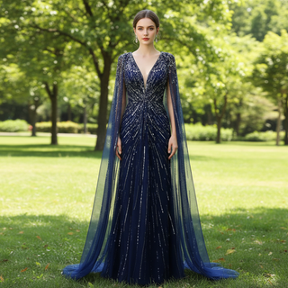 Sparkly Vneck Formal Dress Evening Gown with Cape Sleeve