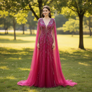 Sparkly Vneck Formal Dress Evening Gown with Cape Sleeve