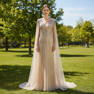 Sparkly Vneck Formal Dress Evening Gown with Cape Sleeve