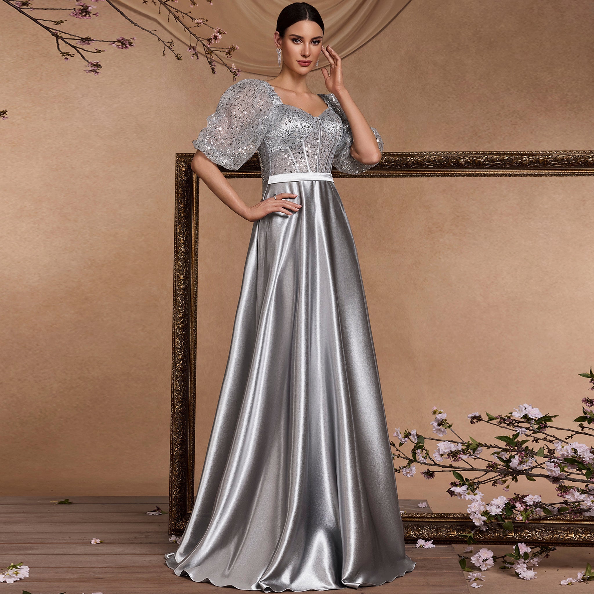 Sparkly Women Silver Half Sleeves Formal Prom Dress with Pocket