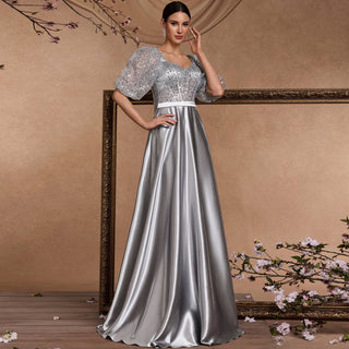 Sparkly Women Silver Half Sleeves Formal Prom Dress with Pocket - Rosymae