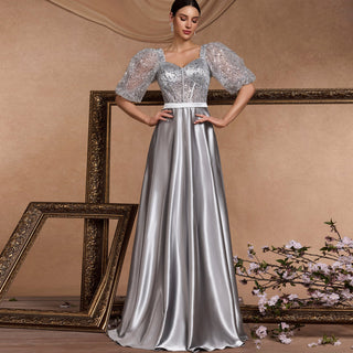 Sparkly Women Silver Half Sleeves Formal Prom Dress with Pocket - Rosymae