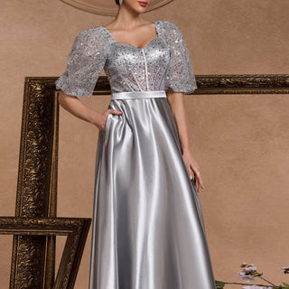 Sparkly Women Silver Half Sleeves Formal Prom Dress with Pocket - Rosymae