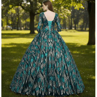 Sparky Sequins Half Sleeves Ball Gown Floor Length Quinceanera Dresses - Rosymae