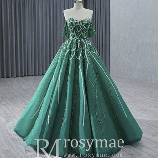 Spring Green Beaded Wedding Dress Off the Shoulder Quinceanera Gown - Rosymae