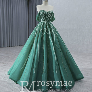 Spring Green Beaded Wedding Dress Off the Shoulder Quinceanera Gown - Rosymae