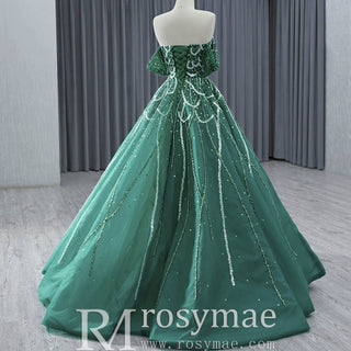 Spring Green Beaded Wedding Dress Off the Shoulder Quinceanera Gown - Rosymae