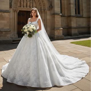 Embroidery Lace Square Neck Ball Gown Wedding Dress with Wide Strap