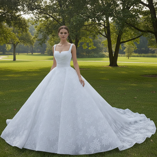 Embroidery Lace Square Neck Ball Gown Wedding Dress with Wide Strap