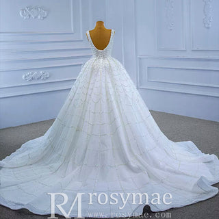 Square Neck Beaded Luxury Ball Gown Puffy Wedding Dress - Rosymae