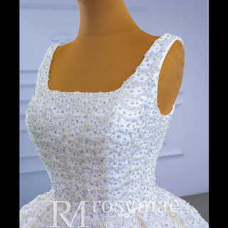 Square Neck Beaded Luxury Ball Gown Puffy Wedding Dress - Rosymae