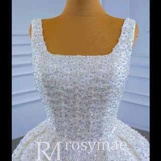 Square Neck Beaded Luxury Ball Gown Puffy Wedding Dress - Rosymae