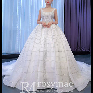 Square Neck Beaded Luxury Ball Gown Puffy Wedding Dress - Rosymae