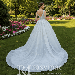 Square Neck Beaded Luxury Ball Gown Puffy Wedding Dress - Rosymae