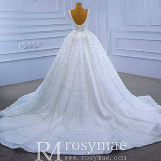 Square Neck Beaded Luxury Ball Gown Puffy Wedding Dress - Rosymae