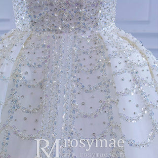 Square Neck Beaded Luxury Ball Gown Puffy Wedding Dress - Rosymae