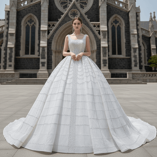 Square Neck Beaded Luxury Ball Gown Puffy Wedding Dress - Rosymae