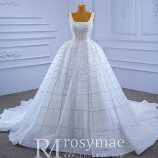 Square Neck Beaded Luxury Ball Gown Puffy Wedding Dress - Rosymae