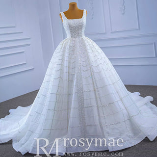 Square Neck Beaded Luxury Ball Gown Puffy Wedding Dress - Rosymae