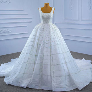 Square Neck Beaded Luxury Ball Gown Puffy Wedding Dress - Rosymae