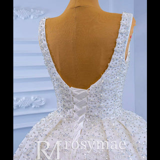 Square Neck Beaded Luxury Ball Gown Puffy Wedding Dress - Rosymae