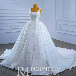 Square Neck Beaded Luxury Ball Gown Puffy Wedding Dress - Rosymae