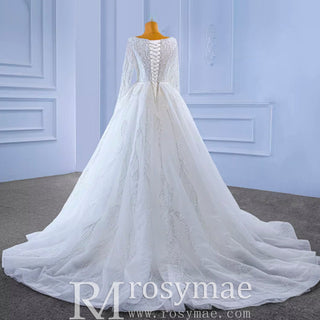 Square Neck Long Sleeve Wedding Dress with Detachable Train - Rosymae