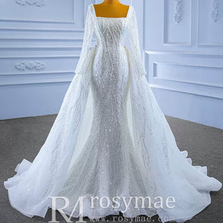 Square Neck Long Sleeve Wedding Dress with Detachable Train - Rosymae
