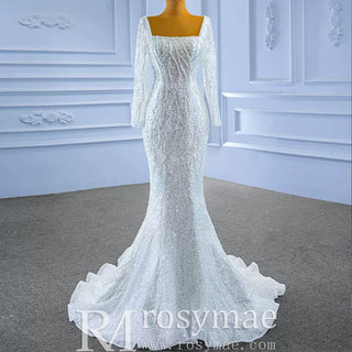 Square Neck Long Sleeve Wedding Dress with Detachable Train - Rosymae