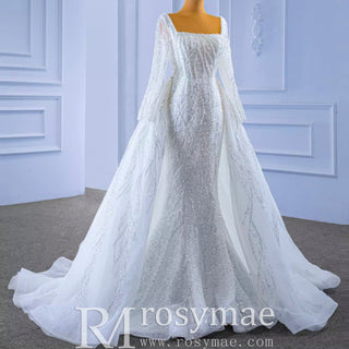 Square Neck Long Sleeve Wedding Dress with Detachable Train - Rosymae