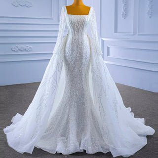 Square Neck Long Sleeve Wedding Dress with Detachable Train - Rosymae
