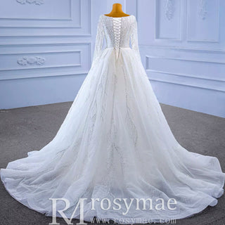 Square Neck Long Sleeve Wedding Dress with Detachable Train - Rosymae