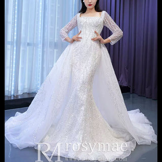 Square Neck Long Sleeve Wedding Dress with Detachable Train - Rosymae