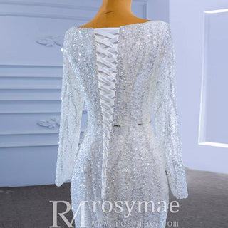 Square Neck Long Sleeve Wedding Dress with Detachable Train - Rosymae