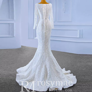 Square Neck Long Sleeve Wedding Dress with Detachable Train - Rosymae