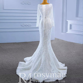 Square Neck Long Sleeve Wedding Dress with Detachable Train - Rosymae