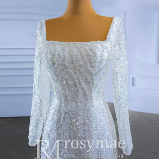 Square Neck Long Sleeve Wedding Dress with Detachable Train - Rosymae