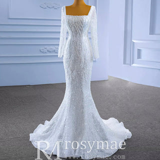Square Neck Long Sleeve Wedding Dress with Detachable Train - Rosymae