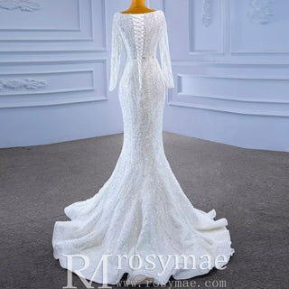 Square Neck Long Sleeve Wedding Dress with Detachable Train - Rosymae