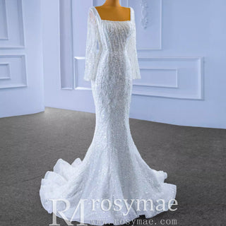 Square Neck Long Sleeve Wedding Dress with Detachable Train - Rosymae
