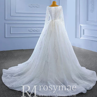Square Neck Long Sleeve Wedding Dress with Detachable Train - Rosymae